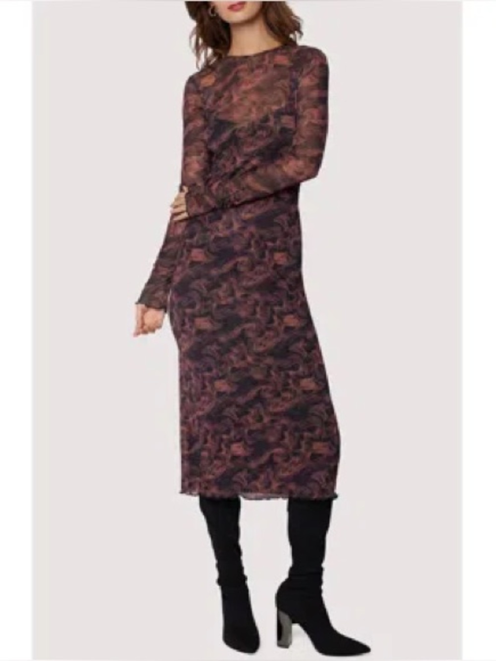 Lost + Wander Contessa Mesh Midi Dress In Copper-Black Long Sleeve Size Small